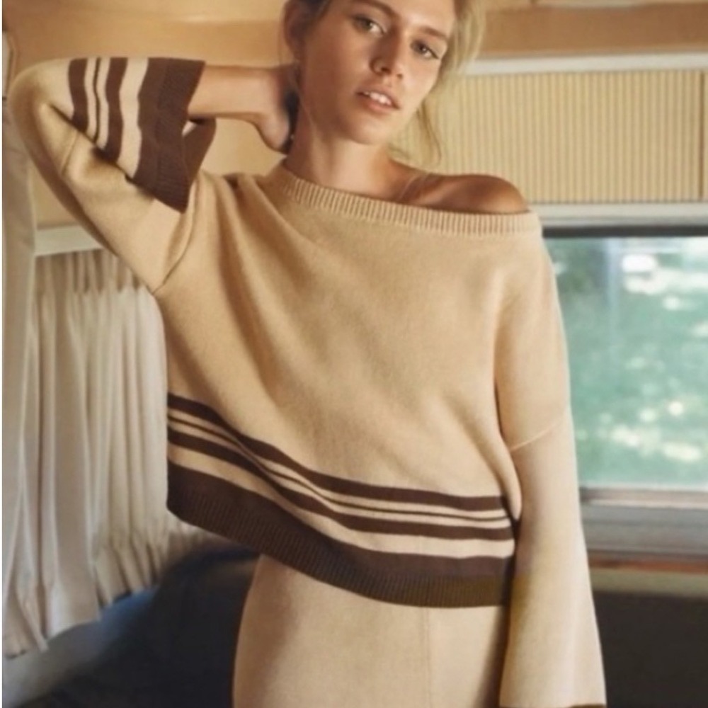Saturday Sunday Anthropologie Cropped Striped Knit Boho Sweater Tan Brown Small